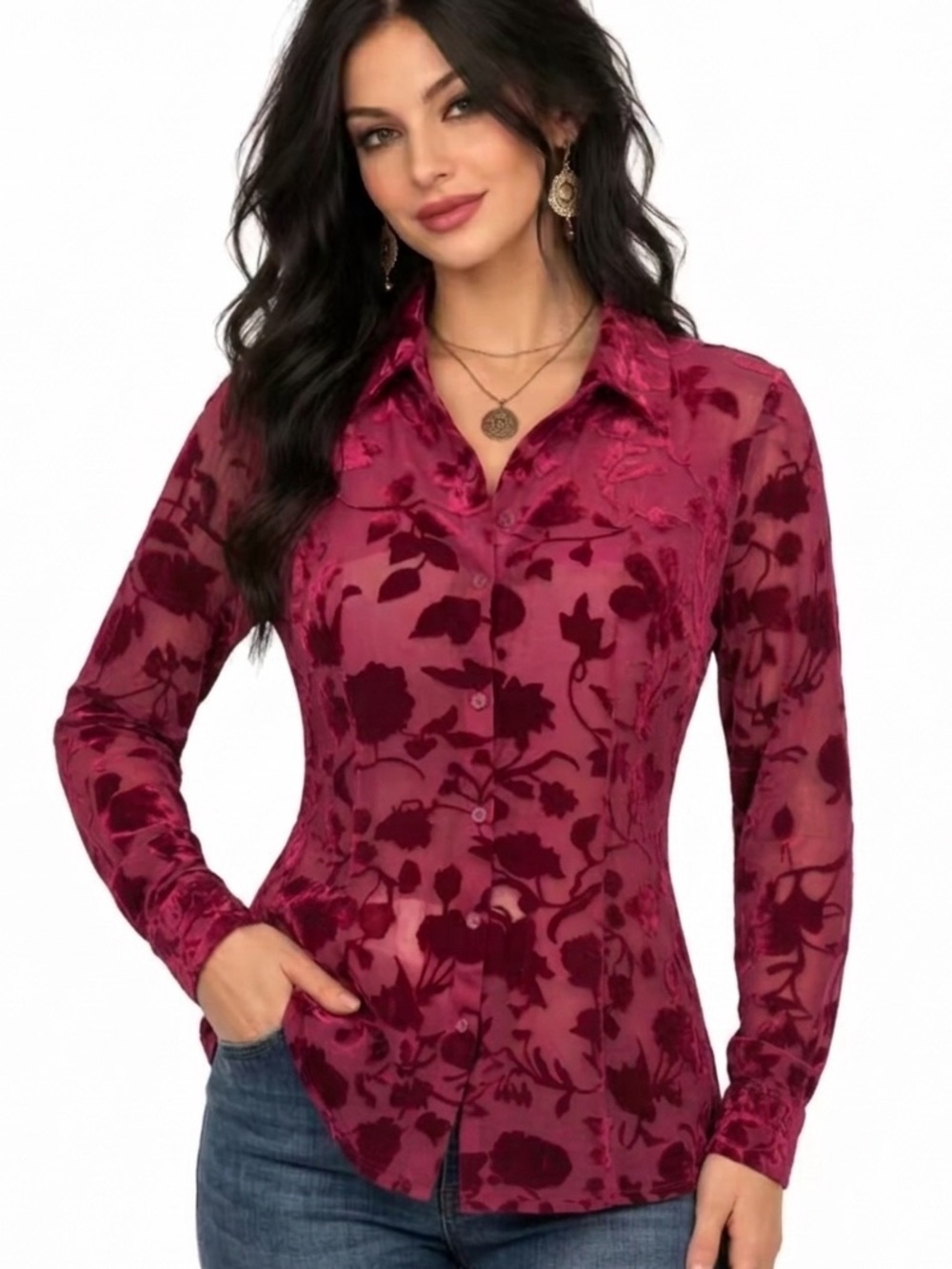 Whimsigoth Romantic Floral Burnout Velvet Button-Down Shirt - Magenta
